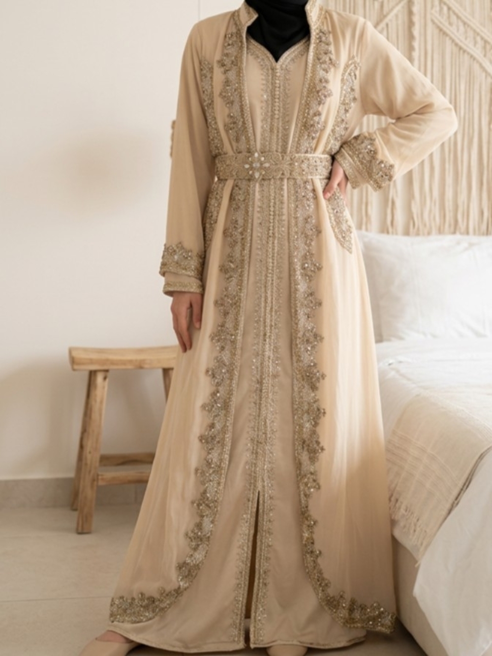 Embroidered Beige Kaftan with Belt